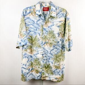 Mens Hawaiian Button Down Shirt Large Palm Tree Vacation Collared Shirt Resort